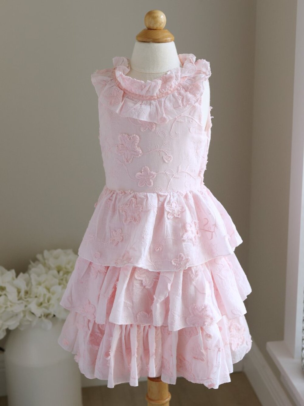 Pink Embroidered Cotton Ruffle Dress Party Portrait Flower Girl Rehearsal Dress